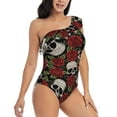 thumbnail image 3 of Sikiie Red Rose Skull Print Women One Piece Swimsuits Tummy Control One Shoulder Bathing Suits Ruffle Swimwear, From S to XXL-Medium, 3 of 6