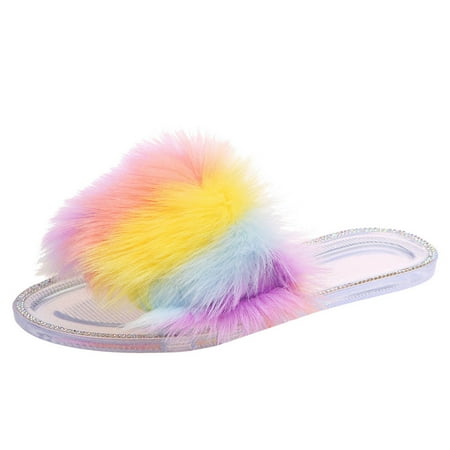 

ZTTD Women s Fashion Summer Color Matching Furry Slippers Flat Sandals And Slippers Women s Slipper A