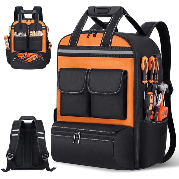Orange Tool Bag Backpack with 18 Storage Pockets, Heavy Duty Tool Organizer with Padded Shoulder Straps and Waist Support