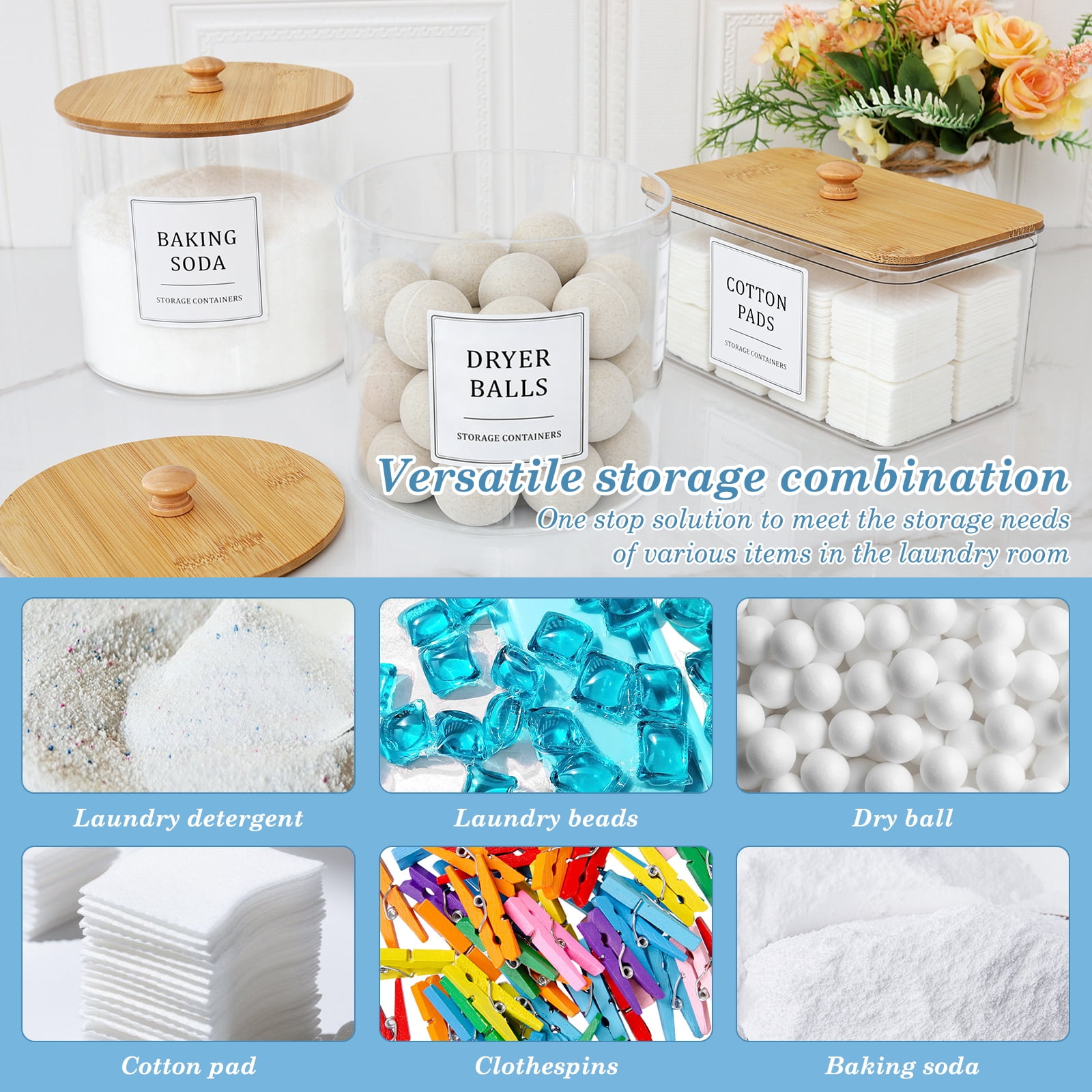 FUYGRCJ 3 Pack Laundry Pods Container, Clear Laundry Detergent Powder Storage Containers, Laundry Room Organization Container with Wooden Lid & Label, Laundry Pod Holder for Scent Booster, Dryer Ball