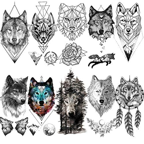 Vantaty 10 Sheets Cool Geometric Wolf Animals King Black Temporary Tattoos For Women Girl Teens Fake