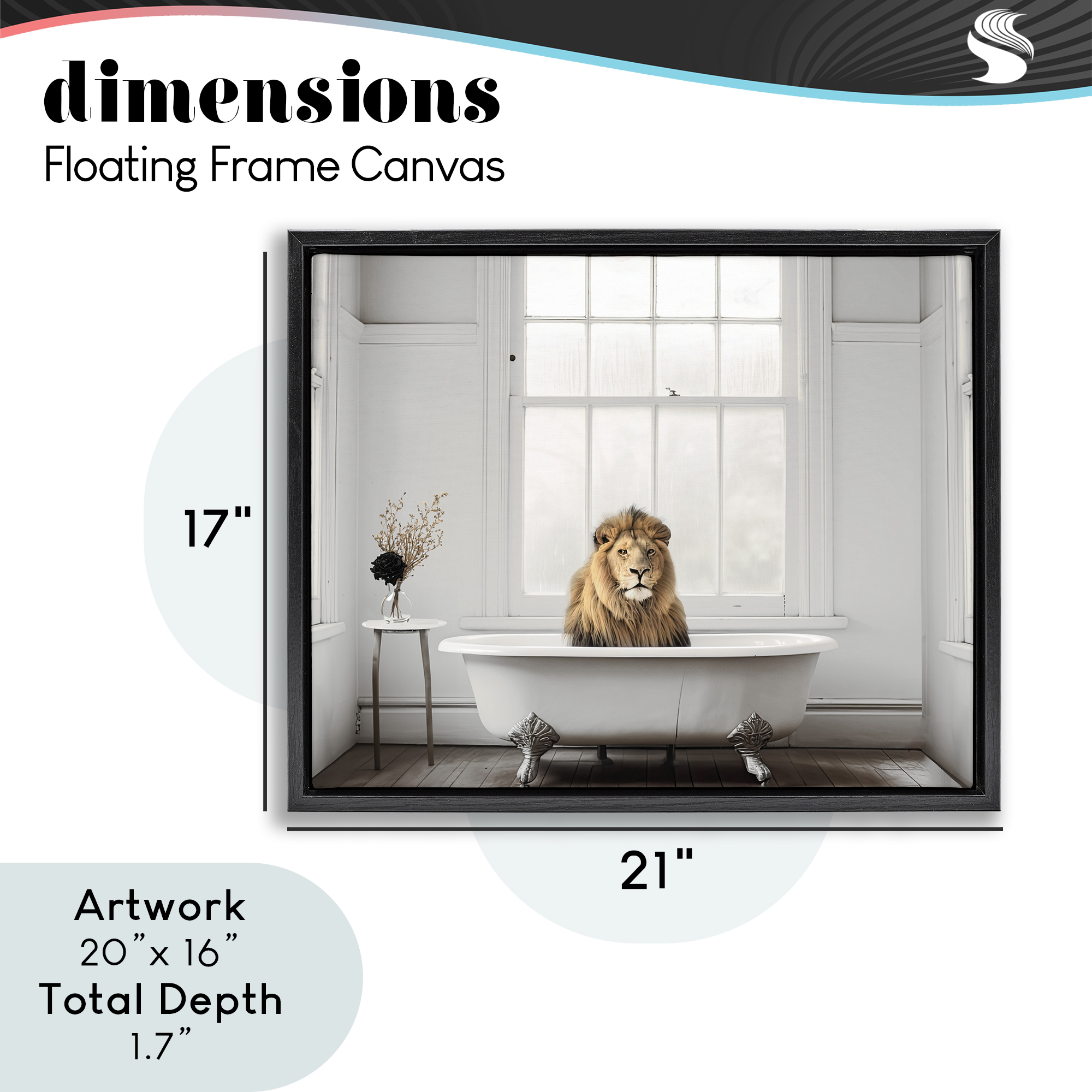 Minimalist Lion Bathtime Black Framed Floater Canvas Wall Art, design by Sasha
