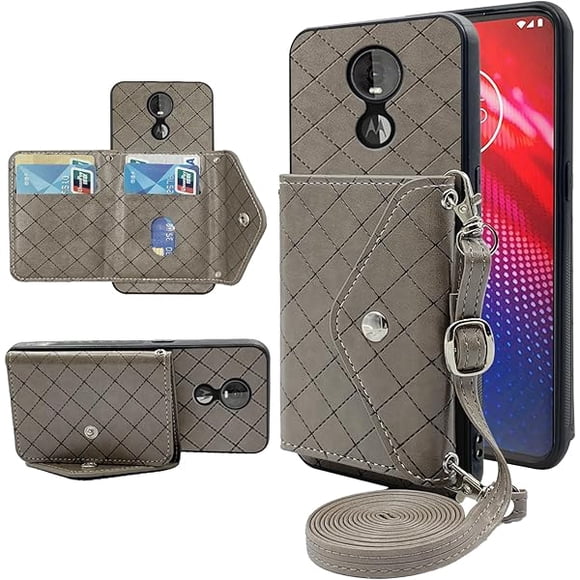 wonima11 Compatible with Moto Z4/Moto Z 4 Play/MotoZ4 Force Wallet Case with Crossbody Strap Stand Leather Credit Card Holder Cell Phone Cover for Motorola 4Z Motoz4cases MotoZ4Play XT1980-4 2019 Grey