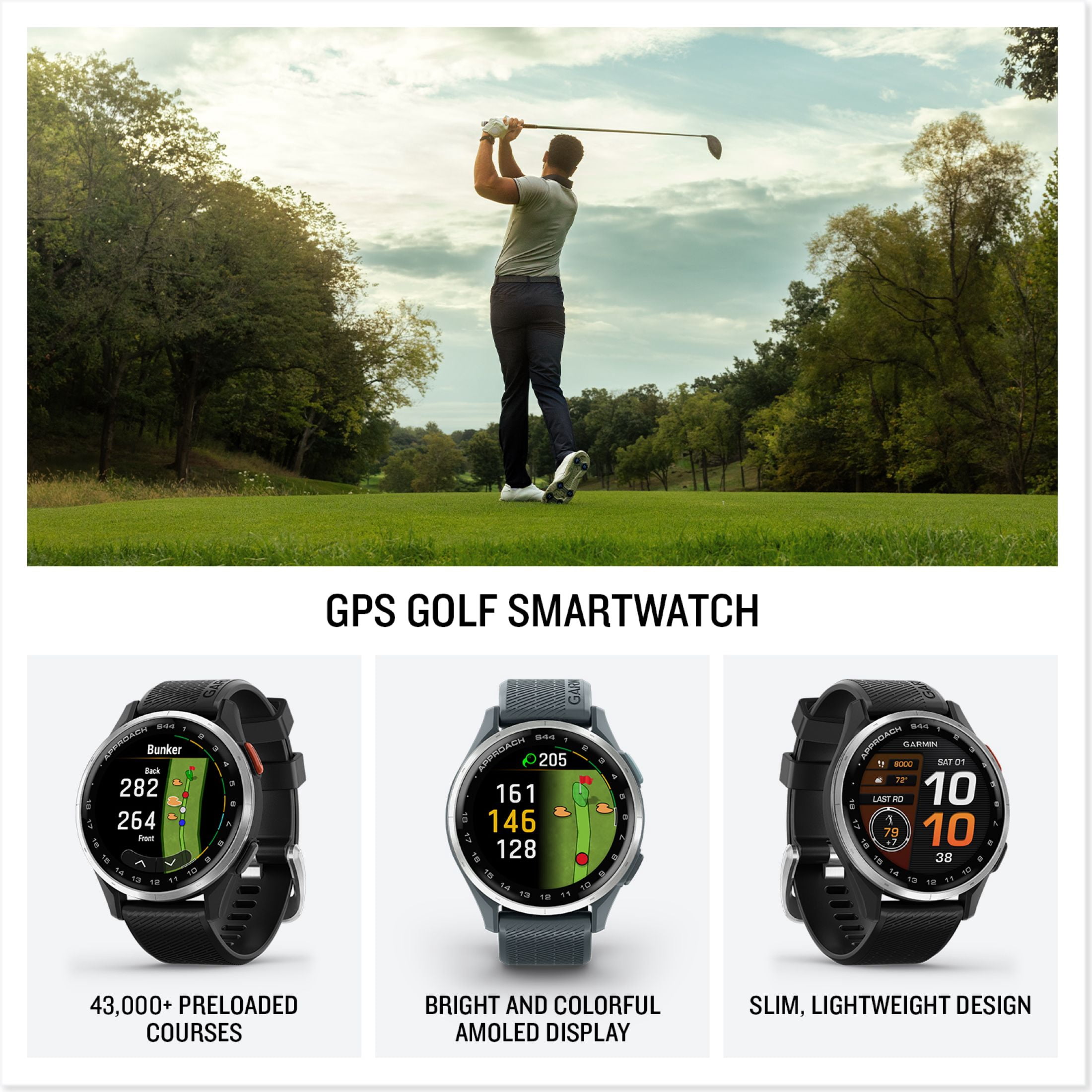 Garmin Approach S44, Essential Golf GPS Smartwatch, AMOLED Display, On-Course Features, Silver Aluminum Bezel with Black Silicone Band