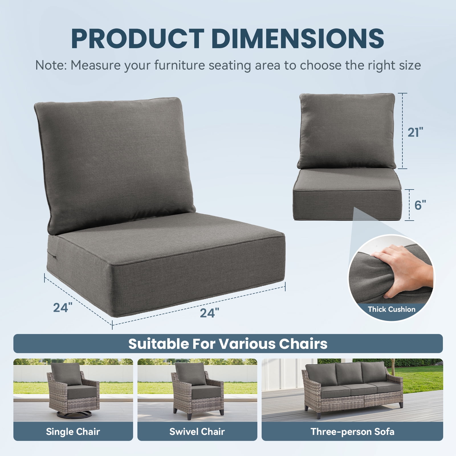 Giantfurnni Outdoor Deep Seat Cushion 24 X 24 X 6 inch for Patio Furniture, Water Resistant & Fade Resistant Outdoor Seating Cushions, Dark Grey, 2 Sets
