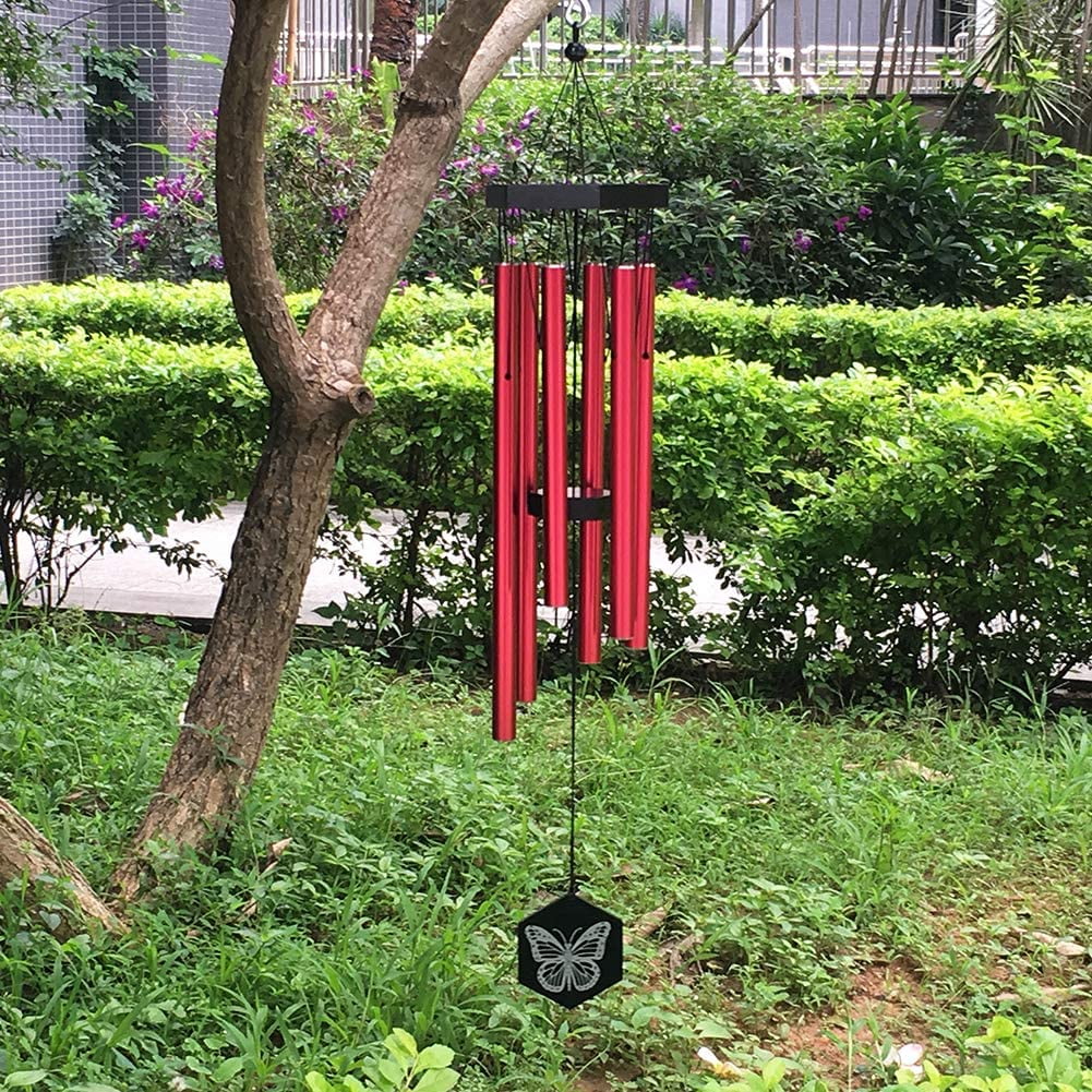 FONMY 33" Butterfly Memorial Wind Chimes with Red Aluminum Tubes and Bamboo Top