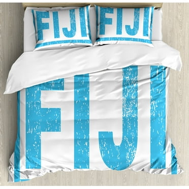 Fiji Duvet Cover Set Queen Size, Big Bold Lettering Illustrated in a Grunge Style on a Plain Background, Decorative 3 Piece Bedding Set with 2 Pillow Shams, Deep Sky Blue and White, by Ambesonne