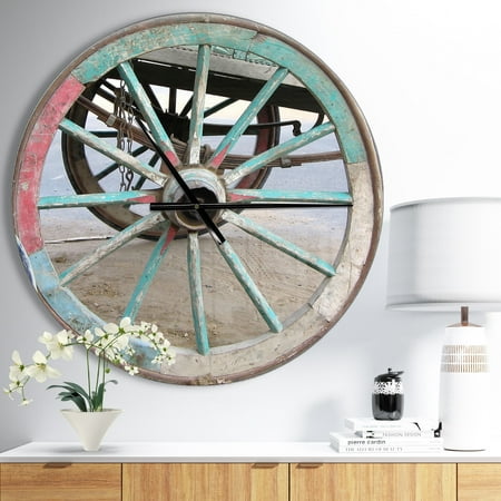 Turquoise Wall Clock DESIGN ART Designart 'Turquoise Painted Cottage Wagon Wheel Clock' Oversized Farmhouse Wall CLock 23 in. wide x 23 in. high ()