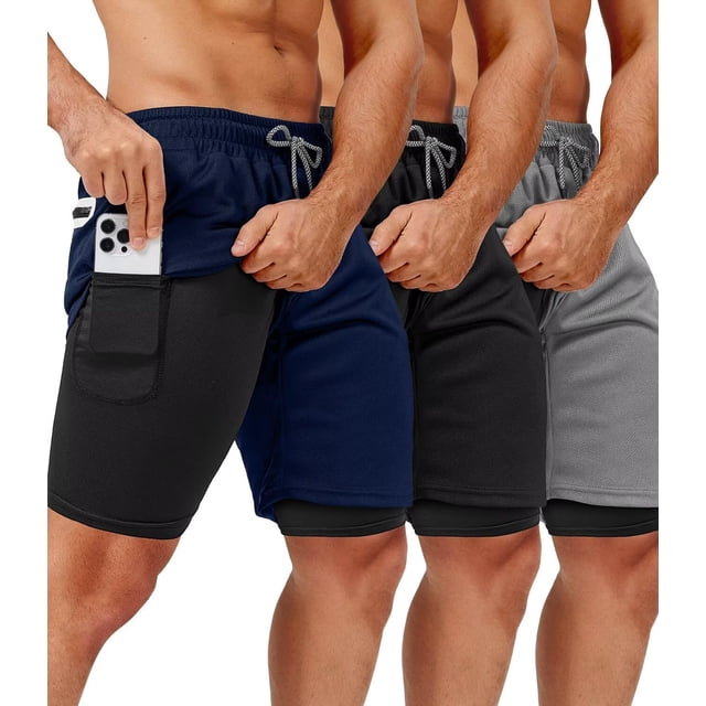 Pack de 3 pantalones cortos de gimnasio 2 en 1 OCYMA para hombre con bolsillos de 18 cm