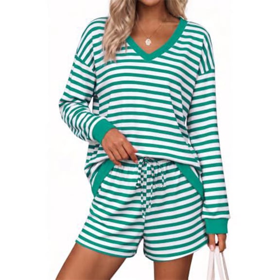 Vxararl Pajama Sets for Women 2 Piece Two Piece Vacation Sets, Airport Travel Outfit V Neck Long Sleeve Casual Striped Matching Set Loose Top Shorts Womens Pajama Sets Green S