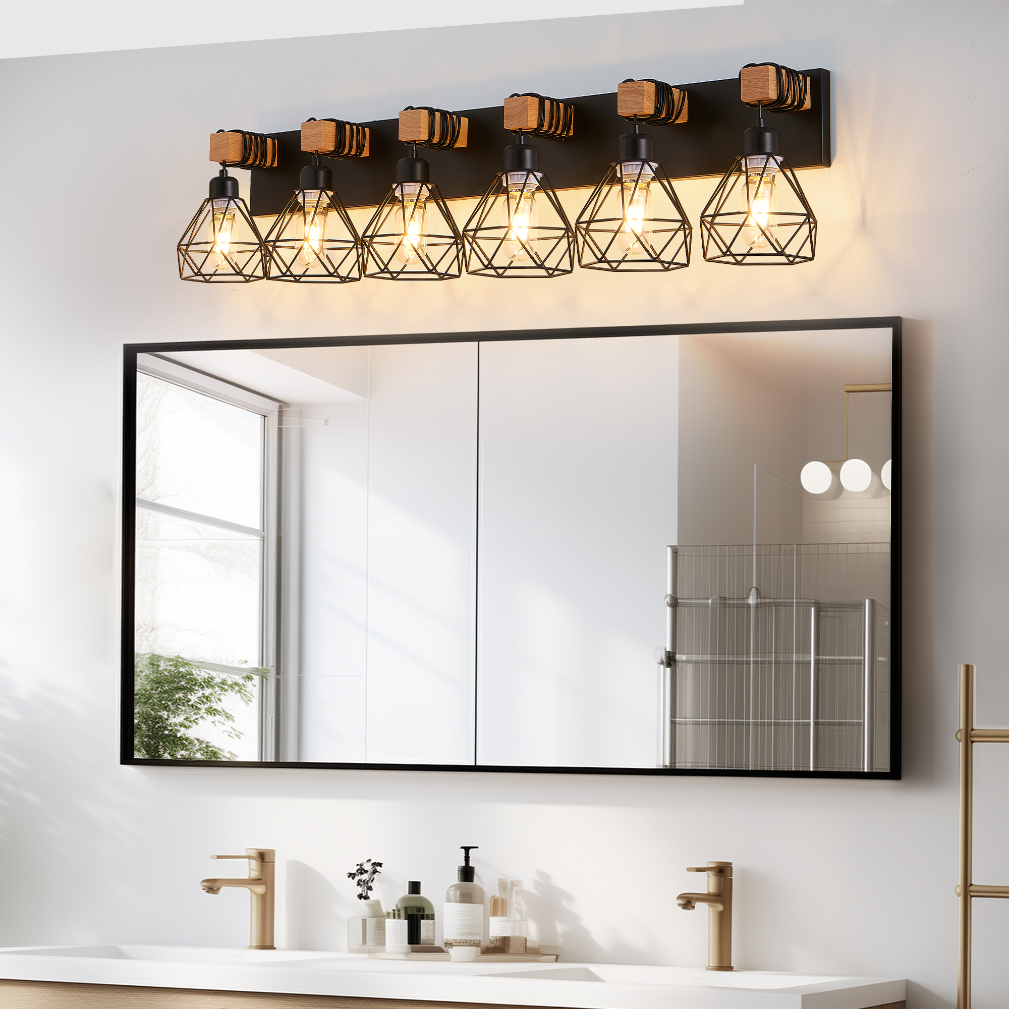 Leumius Modern Geometric 6-Light Vanity Light Fixture with Black Metal, Wooden Accents and Cage Lampshade for Bathroom, Bedroom, or Living Room (Bulb Not Included)
