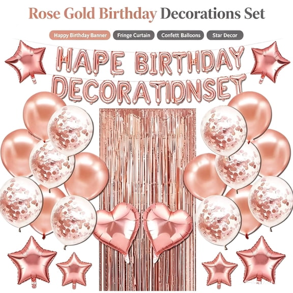 Birthday Party Decorations Set , Happy Birthday Banner, Rose Gold Fringe Curtain, Heart Star Foil Confetti Balloons, Hanging Swirls