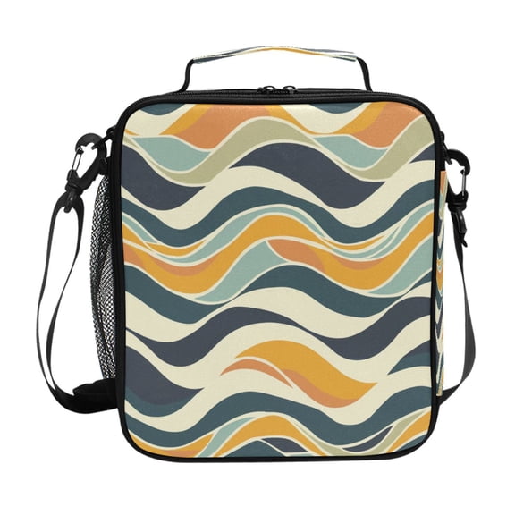 Abstract Waves Vintage Colors Insulated Lunch Bag Reusable Lunch Box Lunch Container with Straps