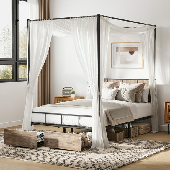 SESSLIFE Metal Canopy Bed Frame, Queen Canopy Platform Bed with Headboard, Sturdy Steel Easy Assembly No Box Spring Required, Black