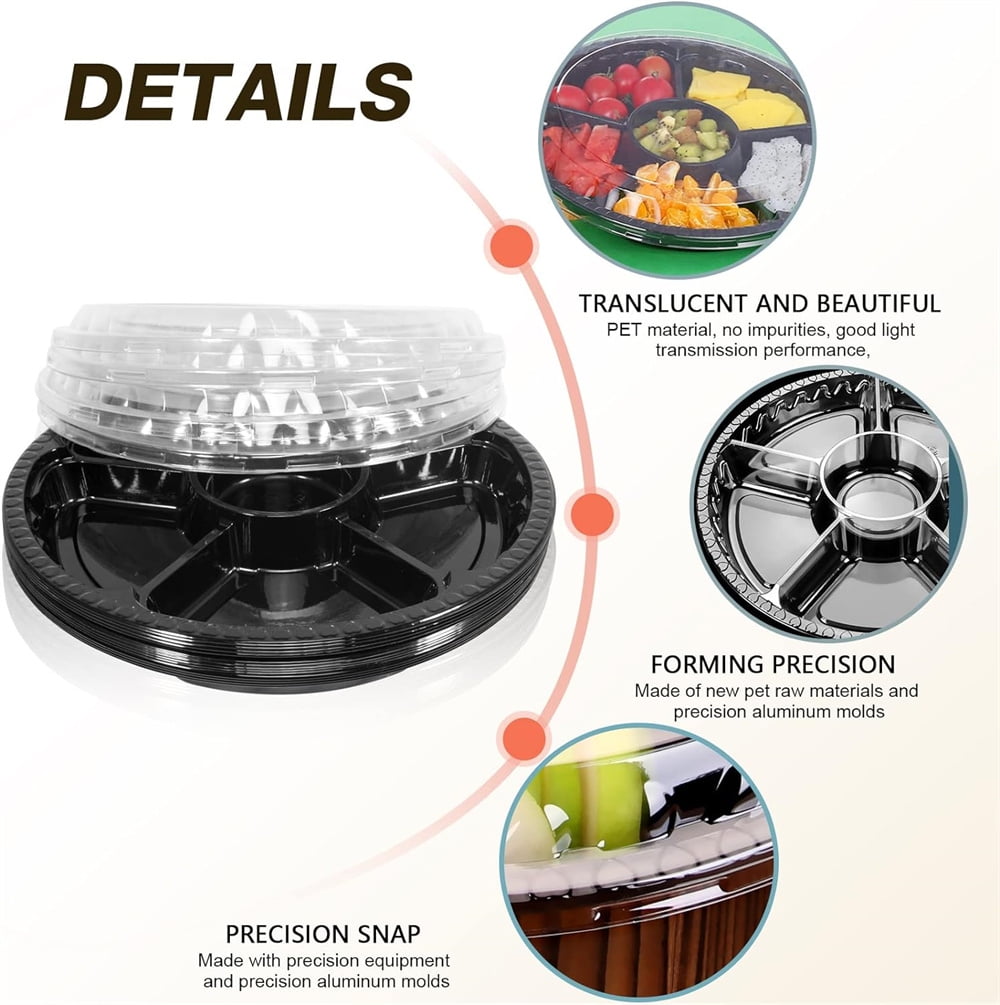 NOGIS Round Plastic Appetizer Tray with Lid: 10pcs Divided Serving Tray, Disposable Catering Trays with Lids