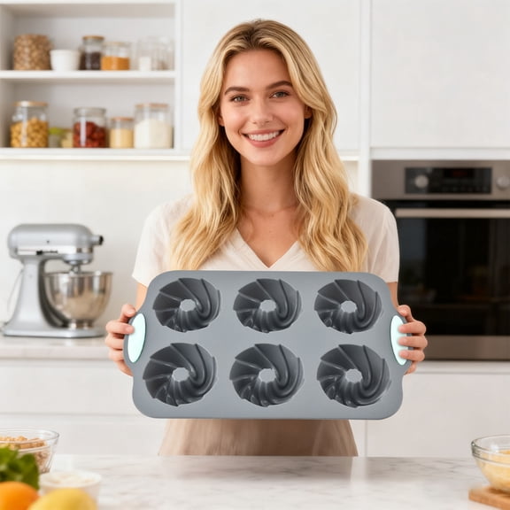 COM1950s 6-Cavity Silicone Donut Mold,Non-Stick Ring Baking Pan for Cakes,Pastries and Homemade Ice,Reusable and Flexible with Sturdy Rim,Oven Freezer Dishwasher Safe