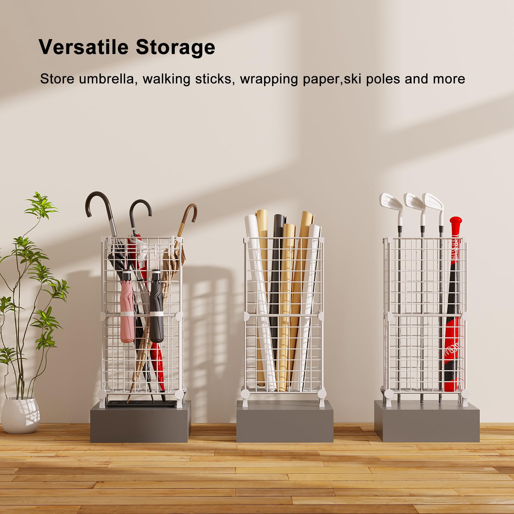Umbrella Holder Entryway  Stand Freestanding Metal Square Rack Organizer With A Removable Drip Tray Hooks White