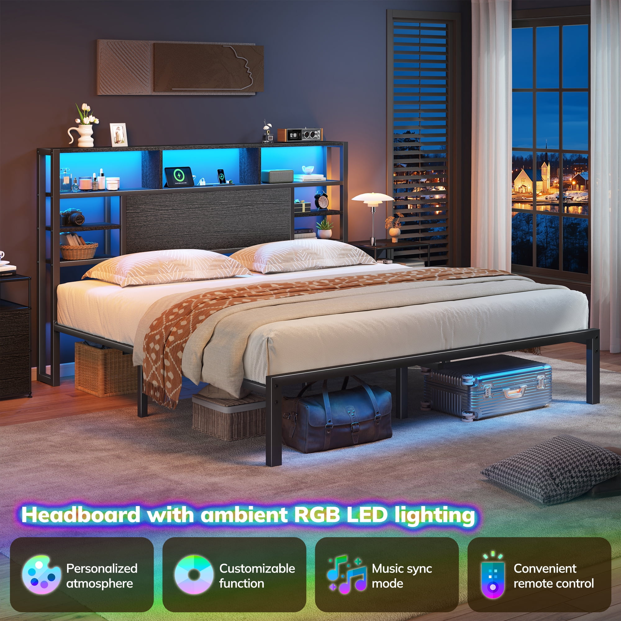 EnHomee Metal Platform Bed Frame with Headboard King Size Bed Frame with 4-Tier Storage Shelf & 3 Open Compartments & LED Lights & Charging Station ,Black