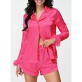 thumbnail image 3 of LMLYSoH Women's Satin Outfits Solid Color Lapel Long Sleeve Tops with Feather Cuffs + Shorts Set Fashion Clothes, 3 of 9