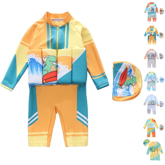 Agkizg Toddler Floatation Swimsuit One-Piece Print Buoyancy Swimsuit With Matching Swim Cap for Swimming Training Beach Vacation Swimsuits (Boy or Boy Plus)