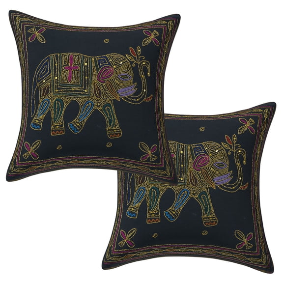 Stylo Culture Ethnic Decorative Throw Pillow Covers 16x16 Zari Embroidered Black Indian 40 x 40 cm Home Decor Cotton Elephant Square Cushion Covers | Set Of 2