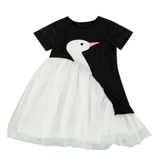 DuoJiaJ Robe d'Été en Tulle pour Fille Tout-Petit Motif Cygne Mignon Robe en Coton Quotidienne Robe Décontractée pour Bébé Fille Taille 4-5 Ans