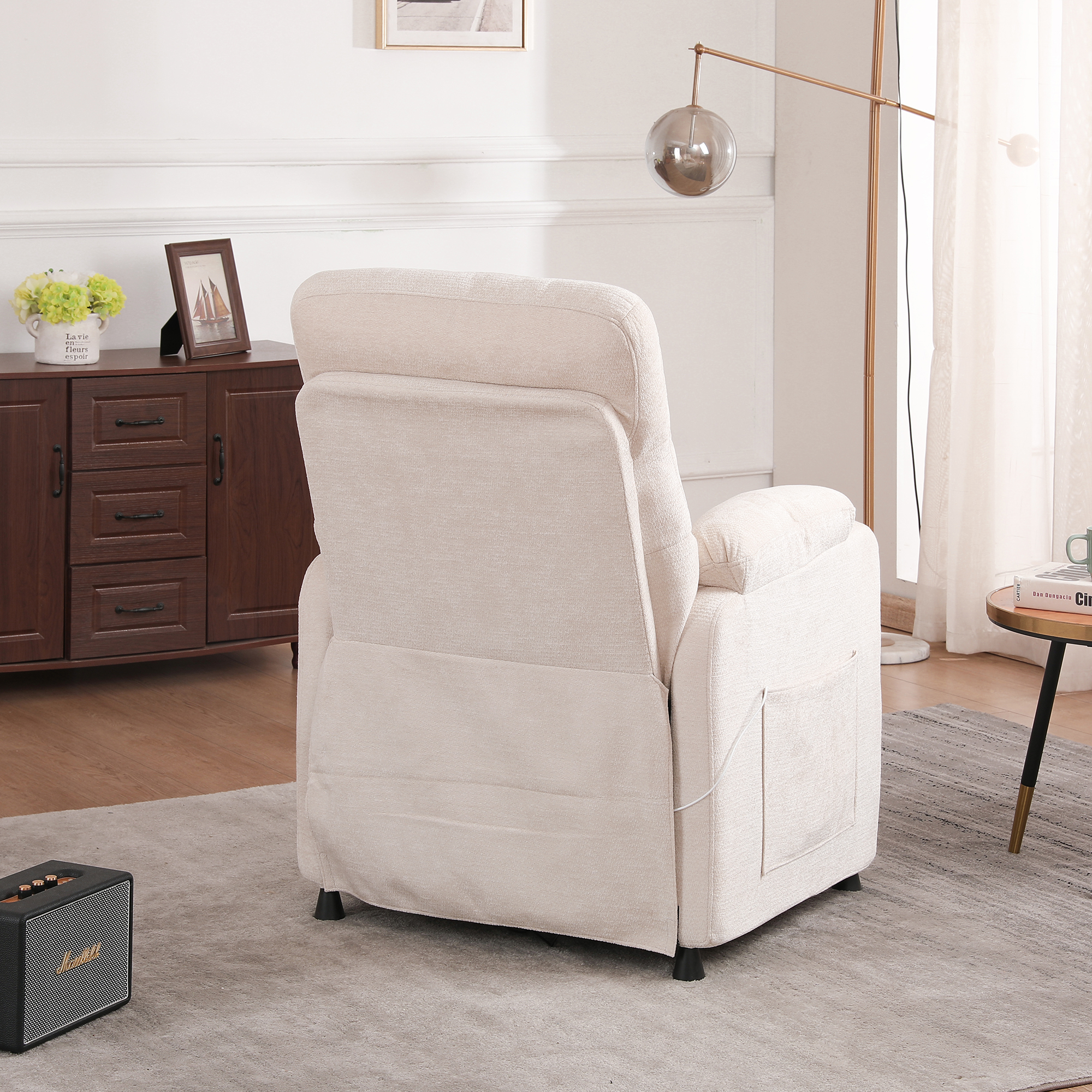 Miniyam Power Recliner Chair with Lumbar support in White, Tabletop & Cup Holder Full Steel Frame 7-Zone Support with Wired Memory Remote for Home Theater Indoor