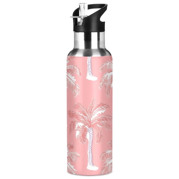1000ml Vacuum Insulated Sports Water Bottle with Foldable Straw Stainless Steel Portable Thermos Cup Coral Pink Palm Tree