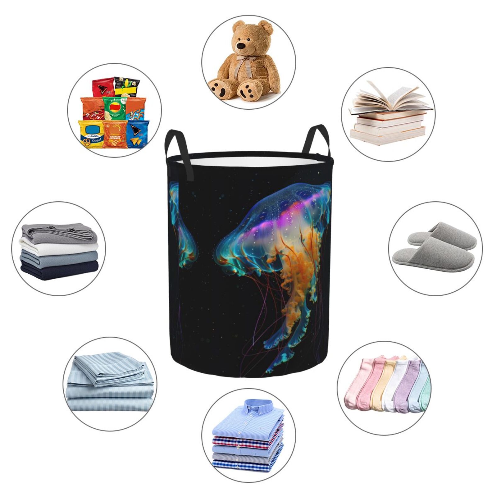 Large Laundry Basket with Handles - Rainbow Luminescent Jellyfish Kids Baby Dirty Clothes Laundry Hamper for Bedroom Aesthetic