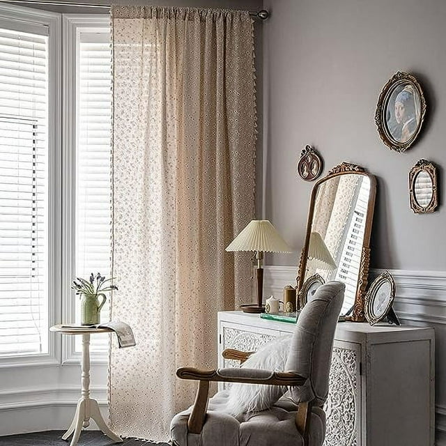 Nvzi Cortina de lino y algodón estilo rústico con borlas, para ventana, con estampado geométrico, para dormitorio, sala de estar, 1 pieza (59 x 63 pulgadas, margaritas)