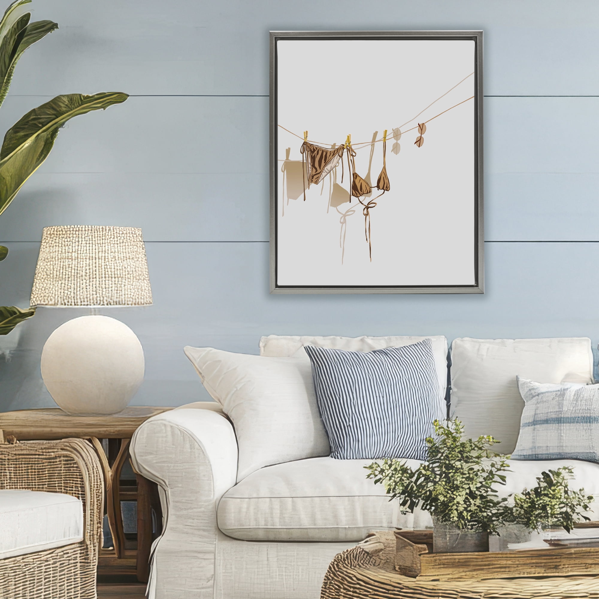 Stupell Industries Sunlit Bikini on Clothesline Gray Framed Floater Canvas Wall Art, design by Ziwei Li