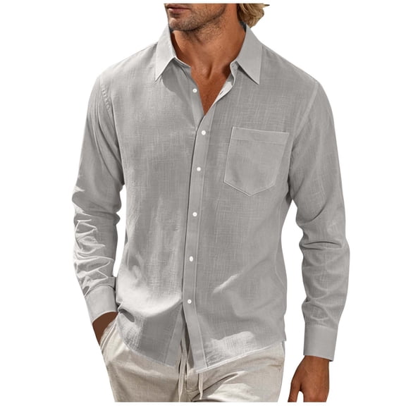 Gytharion Men's Plus Size Shirts Summer Cotton Linen Lapel Long Sleeve Button Down Blouses Solid Color Casual Fashion Tops with Pockets