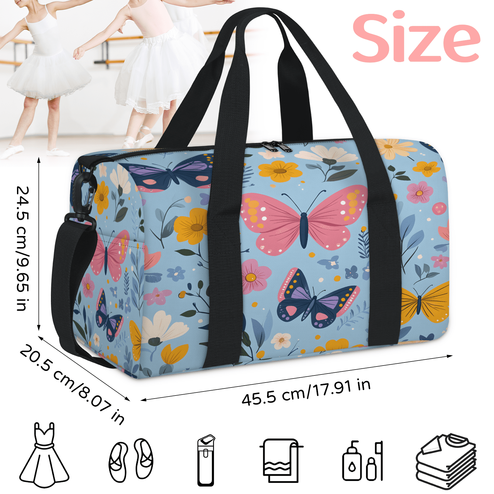 Herdesigns Butterfly Gym Bag for Women, Duffle Bag for Travel Sport, Floral Lightweight Waterproof Carry on Weekender Dance Yoga Workout Bags