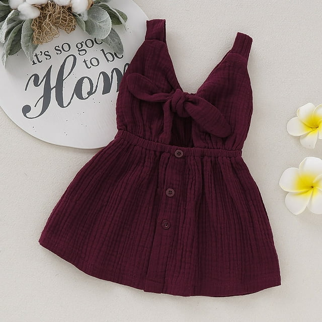 Bébé bébé Filles Robe d'Été Robe de Soleil Solide Sans Manches Coton Lin Bouton une Ligne Robes Adorables 1-4 Ans