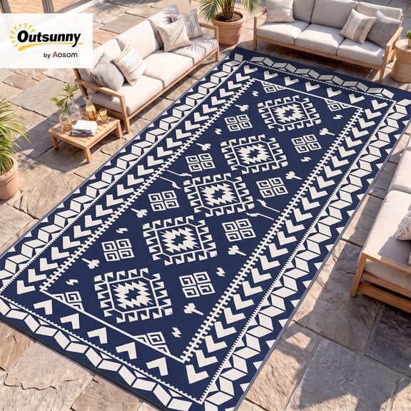 Outsunny Outdoor Patio Rug, Large Camping Carpet with Carrying Bag, 9' x 18' Waterproof Plastic Straw, Reversible, Blue & White Rhombus Patchwork