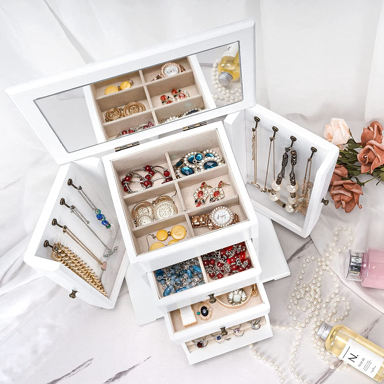 Unbranded White 2 Layer Rectangular Rustic Wooden Jewelry Box With Mirror & Ring Tray For Necklace Earring Bracelets YC0327