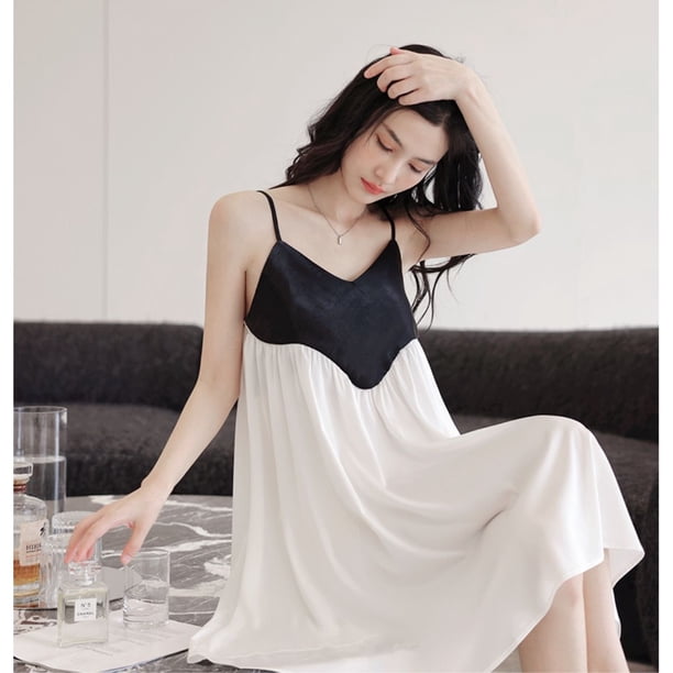 Camisón de retazos para mujer, ropa de dormir de estilo coreano, vestido de noche con cuello en V, pijama de verano con tirantes finos, ropa para el hogar