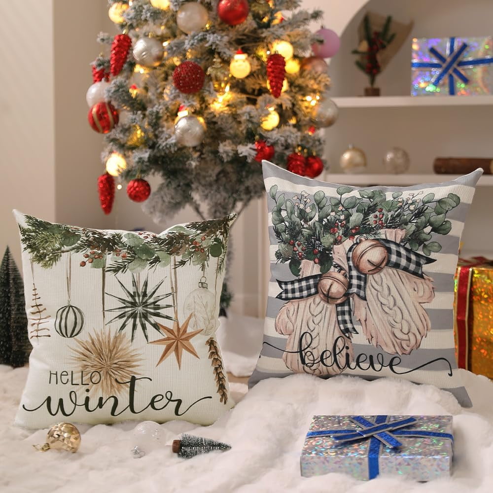 Christmas Pillow Covers 20x20 inch Set of 4 Christmas Tree Gloves Hello Winter Decorative Stripe Throw Pillow Covers Winter Farmhouse Decoration for Home Couch