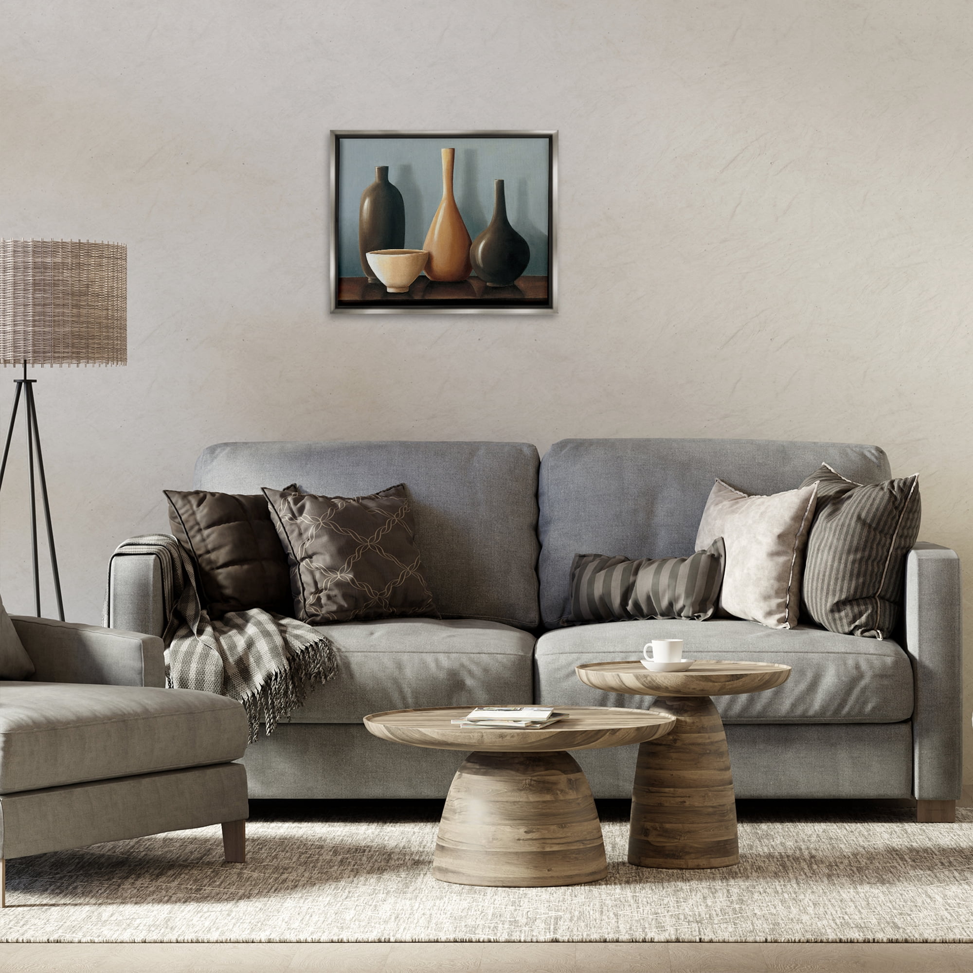 Stupell Industries Varried Pottery Still Life Furniture Painting Gray Floater Framed Canvas Art Print Wall Art, 21 x 17