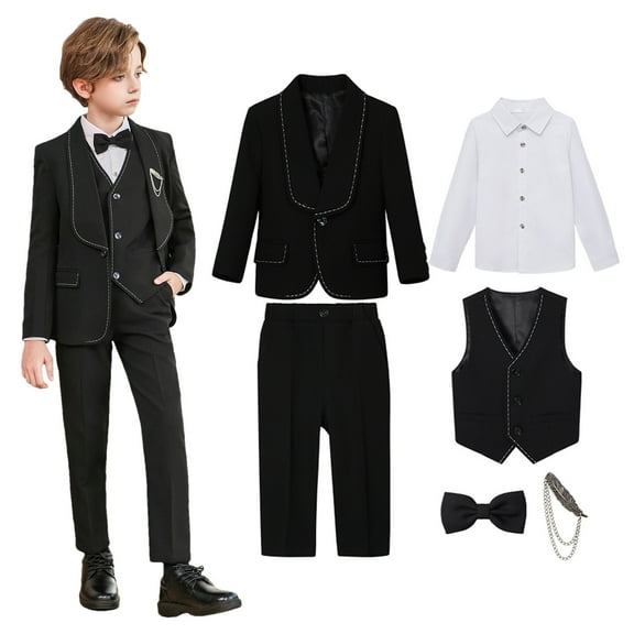 Delliss Boys' 6-Piece Formal Holiday Parties Suit Set, Coat, Vest, Pants, Collared Dress Shirt, Brooch And Bow Tie Fashion Set