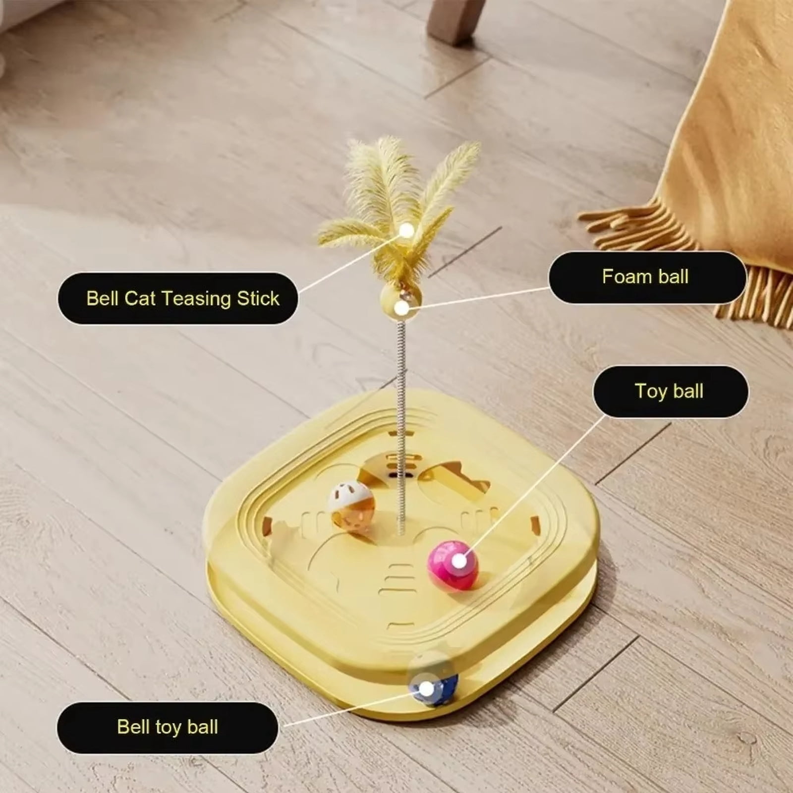 13.39Inch Interactive Cat Toy Maze with Ball Track & Spring Feather Teaser, Puzzle Cat Toys for Indoor Cats & Kittens, Self Play Activity Toy for Mental Stimulation