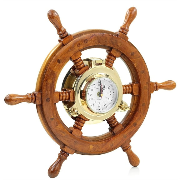 Nagina International Nautical Premium Wide Brass Porthole Ship Wheel Clock | Wall Hanging | Numerals | Vintage Gift (30 Inches)