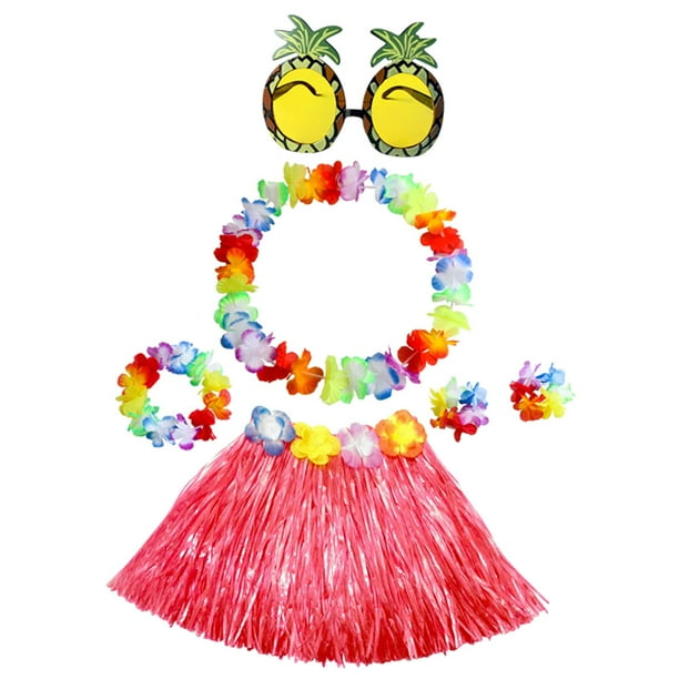 Falda de hierba hawaiana para niñas, gafas de sol con forma de piña, collar novedoso para vestir a damas vistoso
