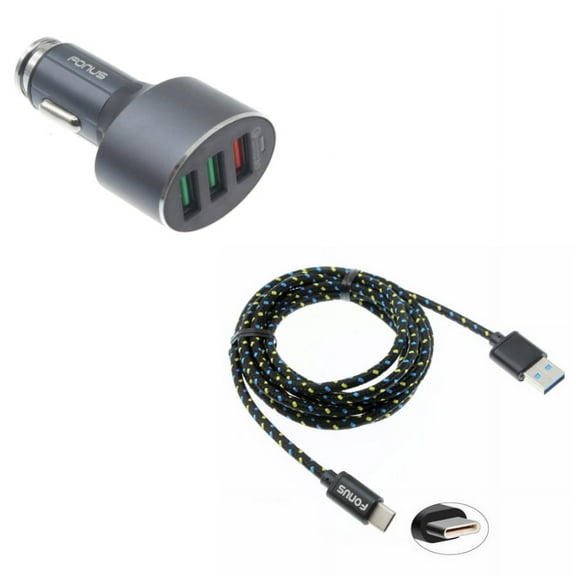 3-Port USB 42W Quick Car Charger w Charger Cord Type-C 6ft USB Cable E6R for Acer Liquid Jade Primo - Alcatel PulseMix, 7, Idol 5S 5 4S, 3V (2019) - ASUS Zenfone V Live, ROG Phone 2, AR 6 5z 4