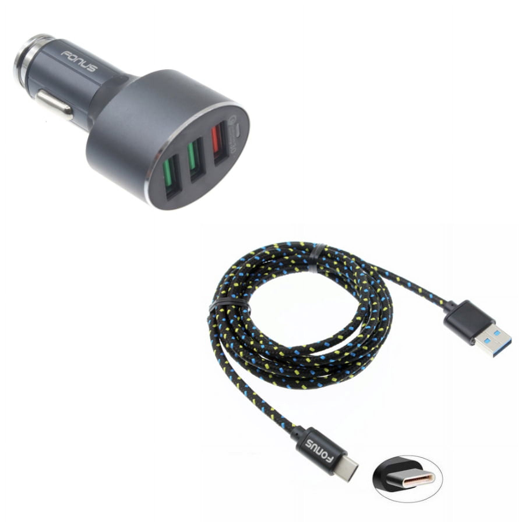 3-Port USB 42W Quick Car Charger w Charger Cord Type-C 6ft USB Cable Y1G for Samsung Galaxy S8 Plus, Tab Active Pro S3 9.7 S6 10.5 S5e 10.5 S4 10.5 A 10.1 (2019) S9 Plus S10e S10 Plus 5G