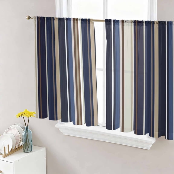 Blue and Brown Geometric Stripe Pattern Semi Sheer Curtains 45 Inch Length 2 Panels Set, Sheer Kitchen Curtain Privacy Voile Window Curtain for Living Room Bedroom Rod Pocket Drapes
