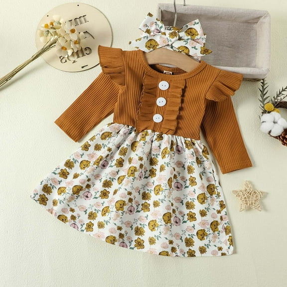 SDJMa Girls and Toddlers' Dress Infant Toddler Baby Girls Long Sleeve Floral Leopard Print Dress Headband Two Piece Set