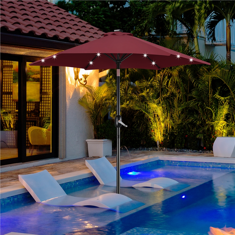 Renwick 7.5FT Patio Umbrella with Base Stand and LED Solar Lights, Burgundy