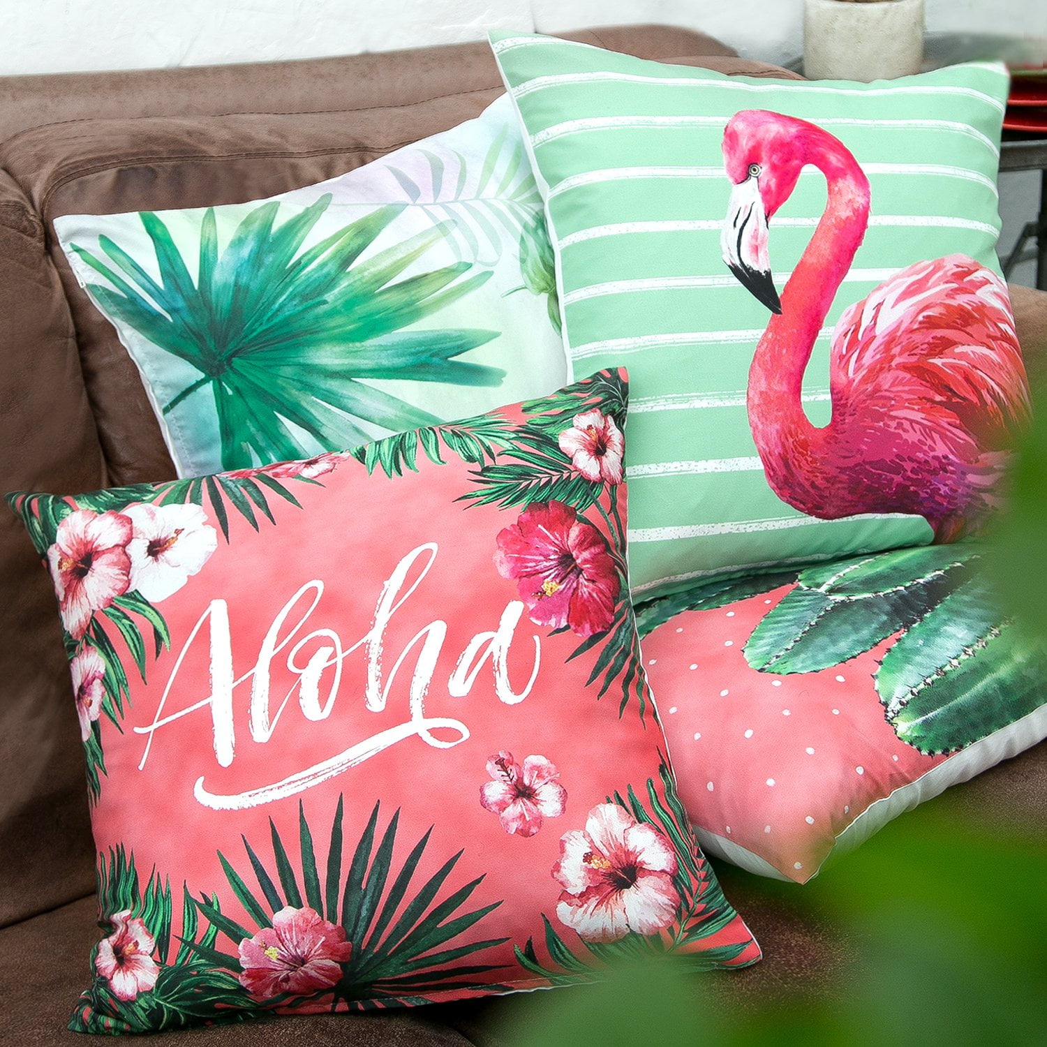 Phantoscope Tropical Series Decorative Throw Pillow Cover, 18" x 18”, Flamingo Cactus, 4 Pack