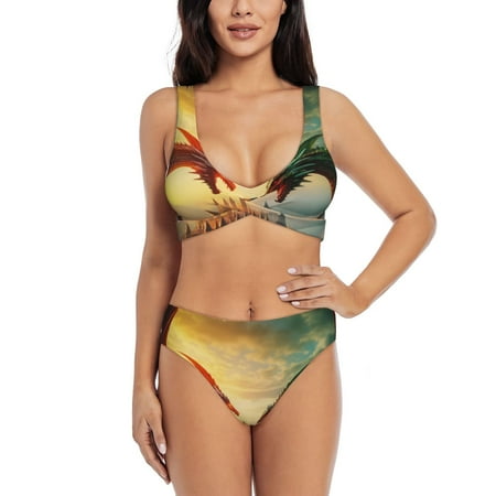 Zeuib Castle Red Green Sky Dragon High Waisted Tummy Control Bikini Set - Knot Front Push Up Top & Cheeky Thong Bottom  Two-Piece Swimsuit for Women-Medium